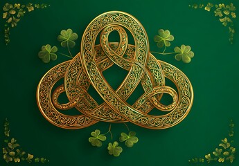 Intricate golden celtic knotwork design with four leaf clovers on a dark green background