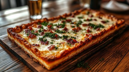 Rectangular pizza with toppings.