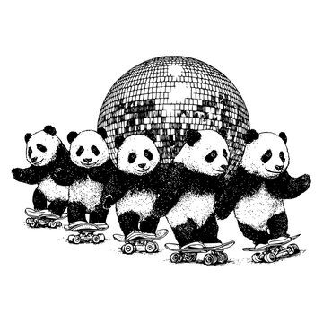 Panda Bears Skateboarding in Front of Disco Ball