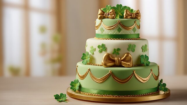 A beautifully decorated three tiered cake adorned with shamrocks and golden bows