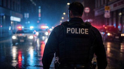 Police officer with patrol car lights at night