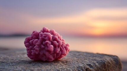 A vibrant pink coral specimen rests on a rock at the serene ocean shore during a soft sunrise