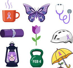 World Cancer Day Icon Set with Lavender Ribbons and Health Symbols