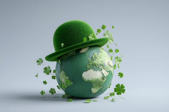 earth wearing a green hat with shamrocks floating around