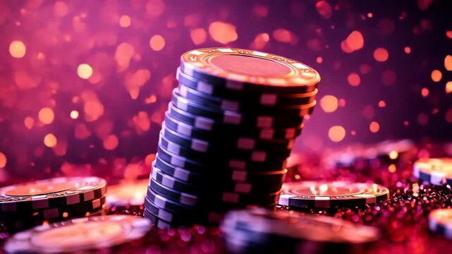 Stack of black poker chips on glittering red surface with purple bokeh background luxury casino texture ideal for online betting apps and gambling tournament promos