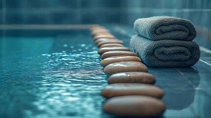 Spa stones  towels by pool.