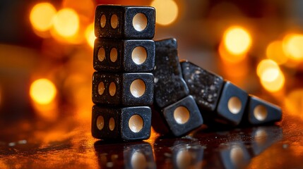 Stacked dice with bokeh lights.