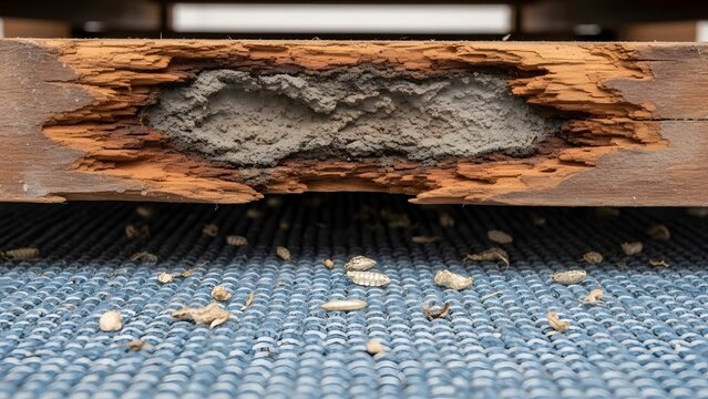 Closeup of termite damaged wooden beam with insect droppings and blue plastic mesh texture