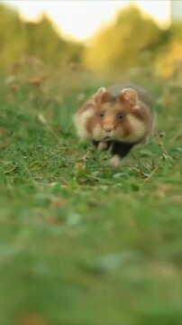 A fluffy hamster with full cheeks walks through green grass a cute rodent in its natural habitat perfect for wildlife or pet-related concepts
