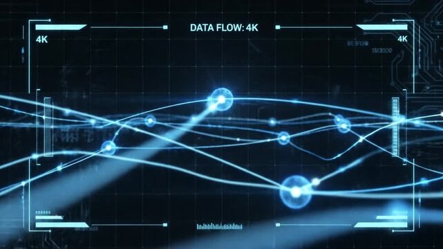 A digital interface shows bright blue glowing lines and nodes representing data flow on a dark grid background with text DATA FLOW 4K and 4K visible