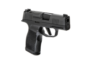 Black semi-automatic pistol angled view showing barrel and grip on white back