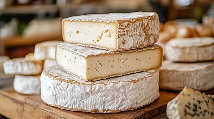 Stacked cheese wheels at market.