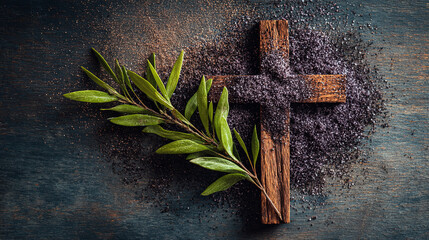 A rustic wooden cross, dusted with ash and complemented by a verdant branch, rests on a textured surface, embodying themes of faith.