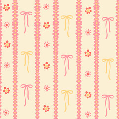 Valentine's Day vector seamless striped pattern. Lace, bows, ribbons, and colorful flowers. Whimsical Provence romantic wallpaper.