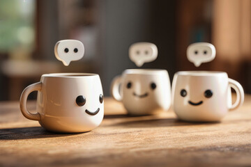Chat-Themed Cute Smiley Mugs Engaging in Conversation on Wooden