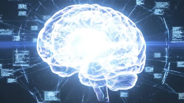 A digitally rendered glowing human brain in profile surrounded by a dark background with interconnected luminous lines and digital data displays