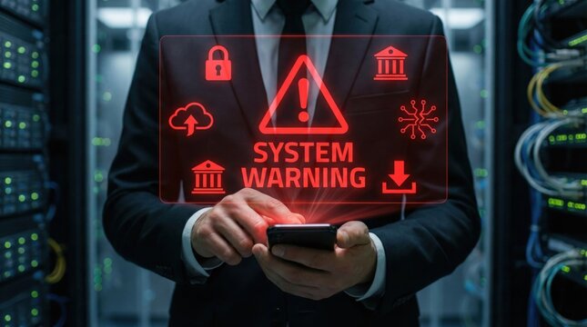 Cybersecurity alert with red system warning symbols,man using smartphone in server room,data breach risk,network protection and firewall failure concept - Powered by Adobe