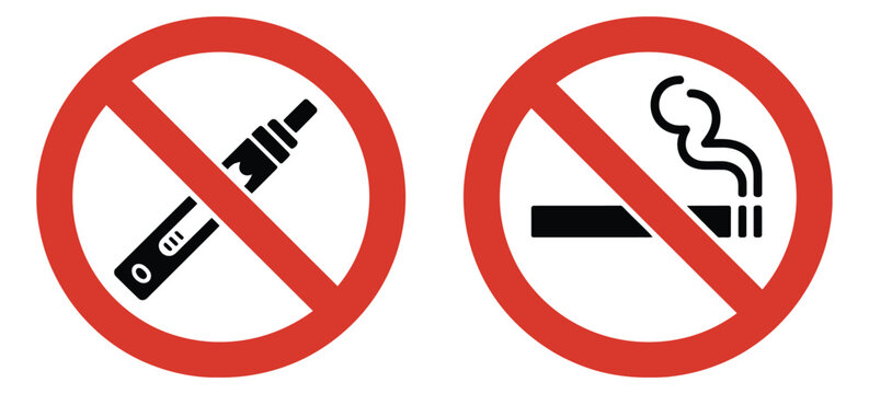 No Vaping No Smoking Signs, red prohibition circles with cigarette and vape symbols on white background for public safety signage.