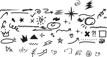 Obraz premium Dynamic black and white doodle elements including stars, arrows, swirls, and scribbles perfect for adding a playful, energetic touch to designs and projects.
