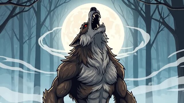 Cartoon Werewolf Howling at Full Moon in Spooky Forest