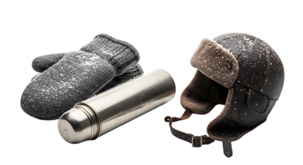 Winter accessories with mitten, flask, and trapper hat isolated on transparent background