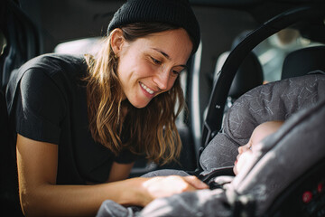 Mother Smiling Lovingly at Baby in Car Seat for Journey in Family