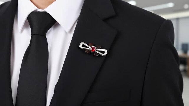 Professional in suit wearing red gemstone lapel pin