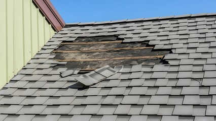 Damaged gray slate roof with missing shingles and exposed wooden underlayer in daylight