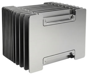 Stack of vertical silver metal heat sink plates on a transparent background