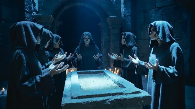 Skeletal figures in hooded robes performing ritual around stone altar. Dark dungeon setting with candles and mystical blue lighting. Orbiting camera