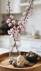 A wooden tray with quail eggs and a nest, accompanied by a vase with pink cherry blossoms, creating a serene and natural spring d&eacute;cor in a cozy kitchen setting.
