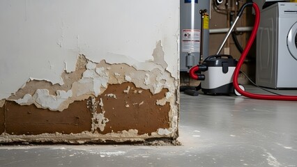 Damaged wall with peeling paint and mold near vacuum cleaner in laundry room water damage wall deterioration