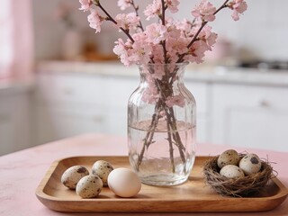 A wooden tray with quail eggs and a nest, accompanied by a vase with pink cherry blossoms, creating a serene and natural spring d&eacute;cor in a cozy kitchen setting.