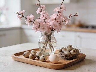 A wooden tray with quail eggs and a nest, accompanied by a vase with pink cherry blossoms, creating a serene and natural spring d&eacute;cor in a cozy kitchen setting.