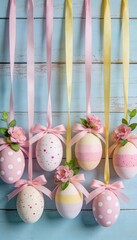 Decorated Easter eggs hanging with ribbons and flowers against a light blue wooden background
