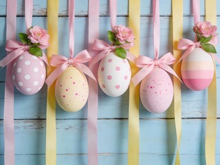 Decorated Easter eggs hanging with ribbons and flowers against a light blue wooden background