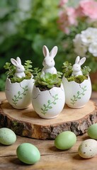 Easter decoration with bunny figurines, egg-shaped planters, and succulents on a wooden slice in a garden setting.