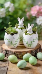 Easter decoration with bunny figurines, egg-shaped planters, and succulents on a wooden slice in a garden setting.