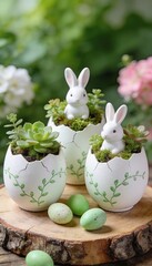 Easter decoration with bunny figurines, egg-shaped planters, and succulents on a wooden slice in a garden setting.