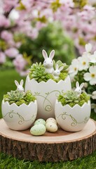 Easter decoration with bunny figurines, egg-shaped planters, and succulents on a wooden slice in a garden setting.
