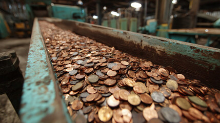 A conveyor belt filled with pennies is shown at a close-up level, conveying bulk materials in a facility in a copper-toned color scheme.