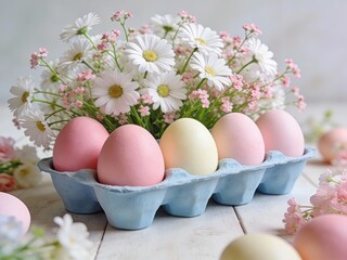 Easter eggs in pastel colors with fresh daisies in a springtime setting, celebrating the holiday season.