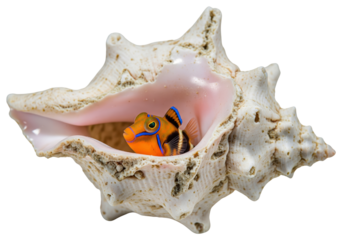 Large conch seashell containing small orange fish with blue stripes on a transparent background