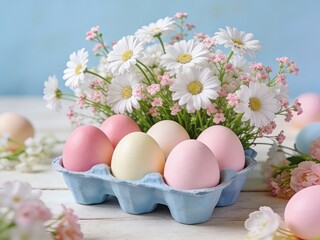 Easter eggs in pastel colors with fresh daisies in a springtime setting, celebrating the holiday season.