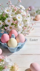 Easter eggs in pastel colors with fresh daisies in a springtime setting, celebrating the holiday season.