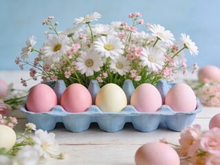 Easter eggs in pastel colors with fresh daisies in a springtime setting, celebrating the holiday season.