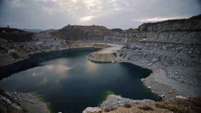 Acid lake at abandoned pyrite mine. Industrial excavation site with toxic water and terraced rock walls.