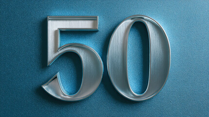 A silver-colored ?50? rests against a blue textured background. The numerals have a metallic, brushed appearance adding texture and depth.