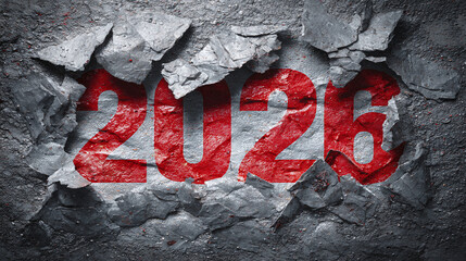A powerful image capturing the year 2026 breaking through stone, symbolizing progress and resilience against obstacles in the face of time.