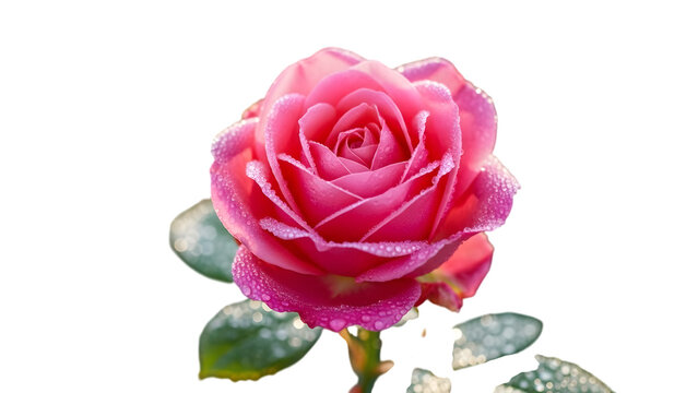 A vibrant pink rose adorned with sparkling dew drops, isolated beautifully against a dark background, showcasing natural freshness